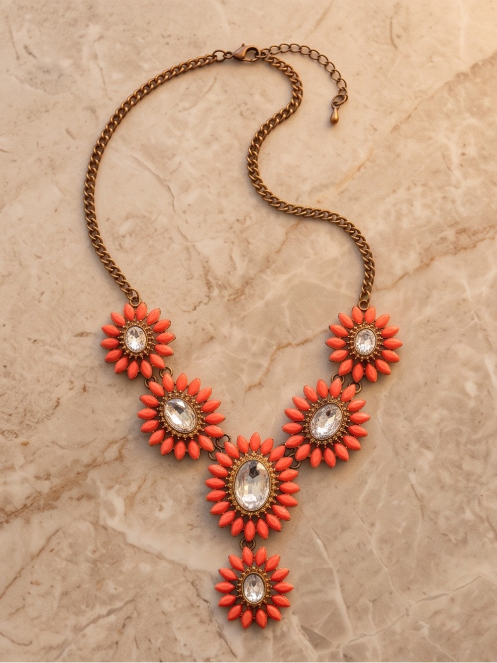 Vintage Style Orange Coral Floral Rhinestone
Statement Necklace